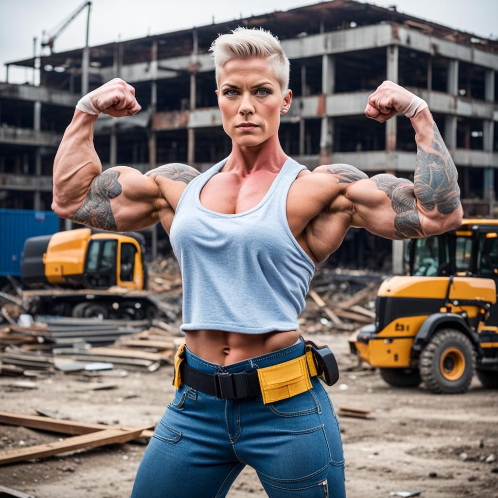 Muscular Construction Worker Flexing Biceps