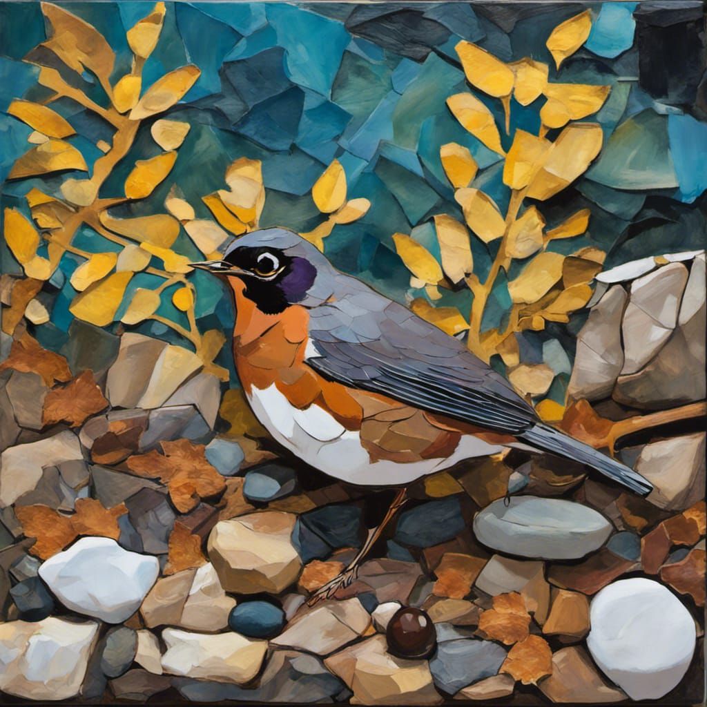 American Robin in Forest Floor Paper Collage