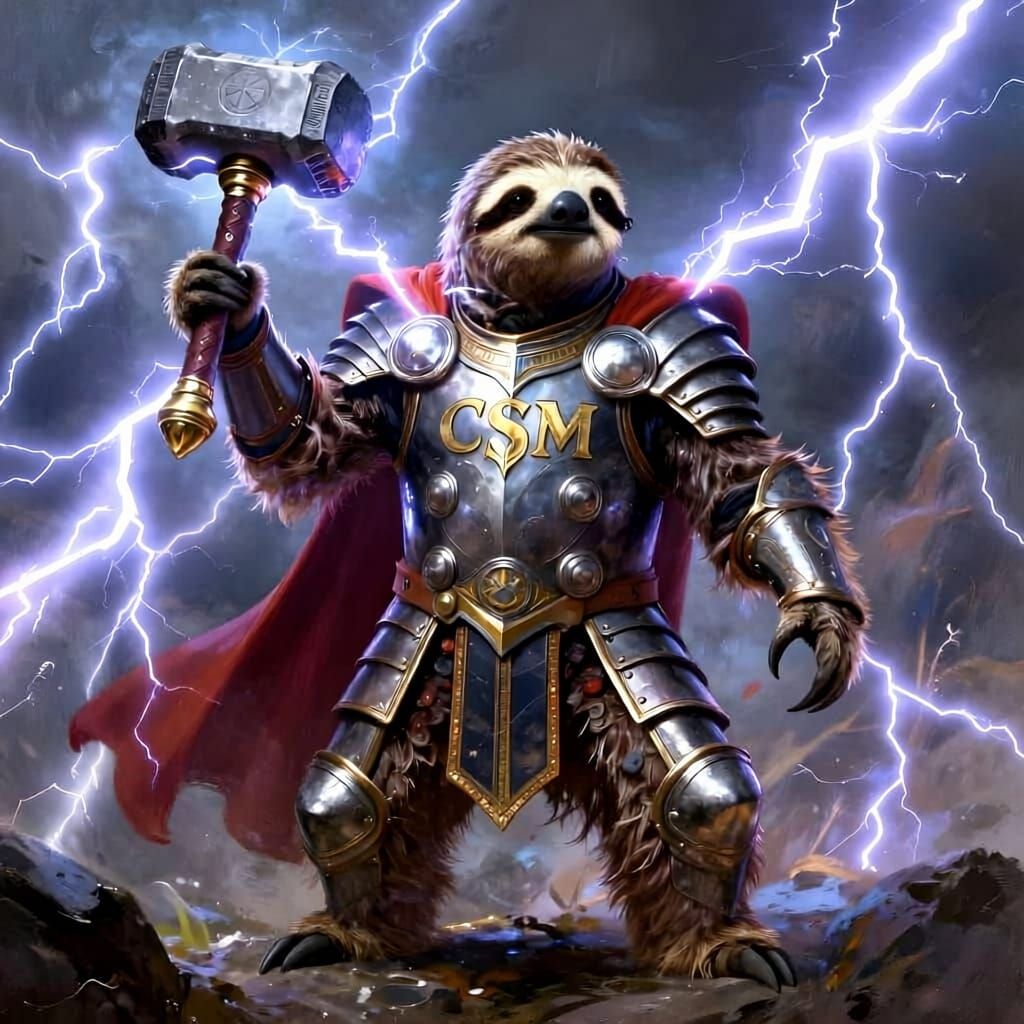 Sloth Warrior Wields Thor's Hammer in Battle Armor
