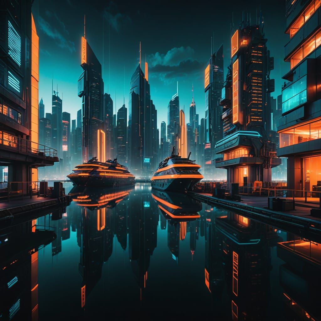 Cyberpunk Harbor City at Night in Neon Noir Style