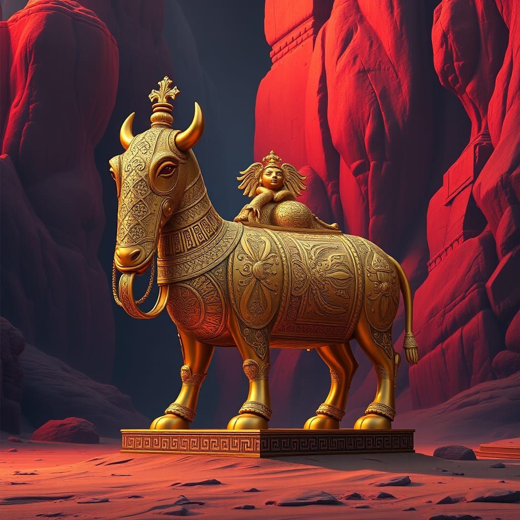 Golden Calf Idol with Ornate Biblical Patterns