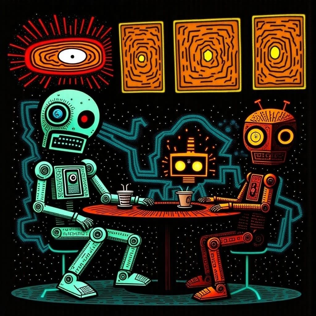 Robots Enjoying Coffee at a Cafe in Space