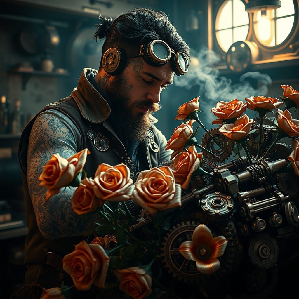 Steam-Punk Inventor Among Industrial Blooms in Dimly Lit Wor...