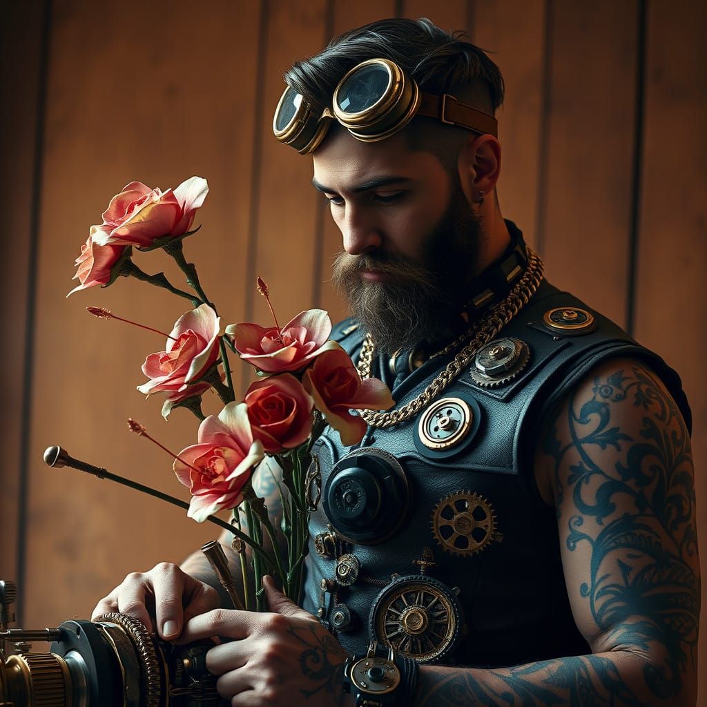 Steampunk Gears and Blooms in Warm Golden Light