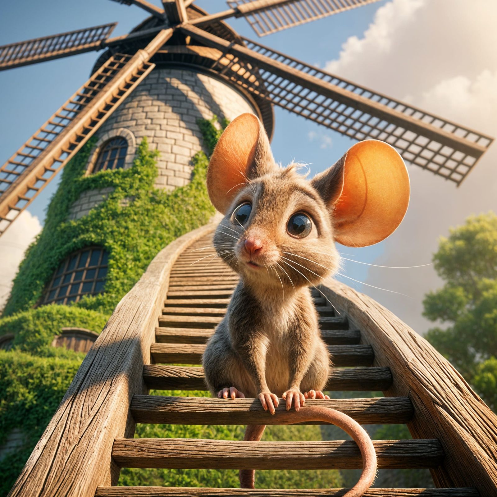 Shy Mouse on Windmill Staircase: Pixar Animation
