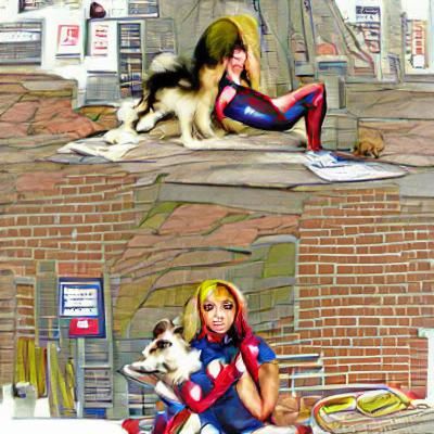 Superheroine Walking Dog in Comic Book Style