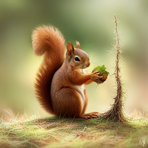 Red Squirrel with Acorn in Hyperrealistic Forest