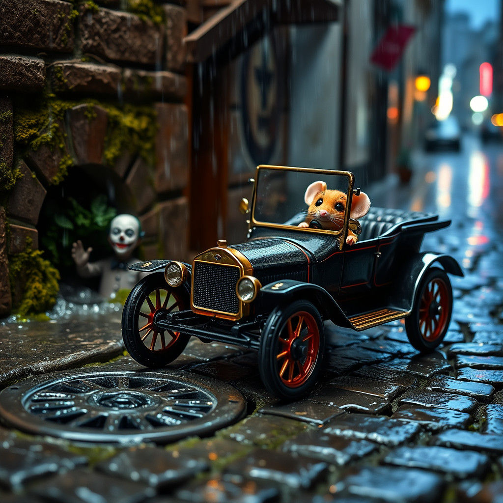 Mouse Driving Ford T in Rainy Alley: Hyper-Realism