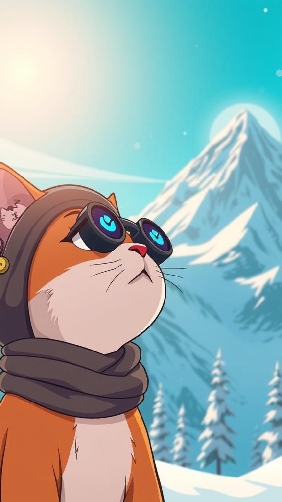 Cartoon Cat Gazing at Snowy Mountains, Manga Scan