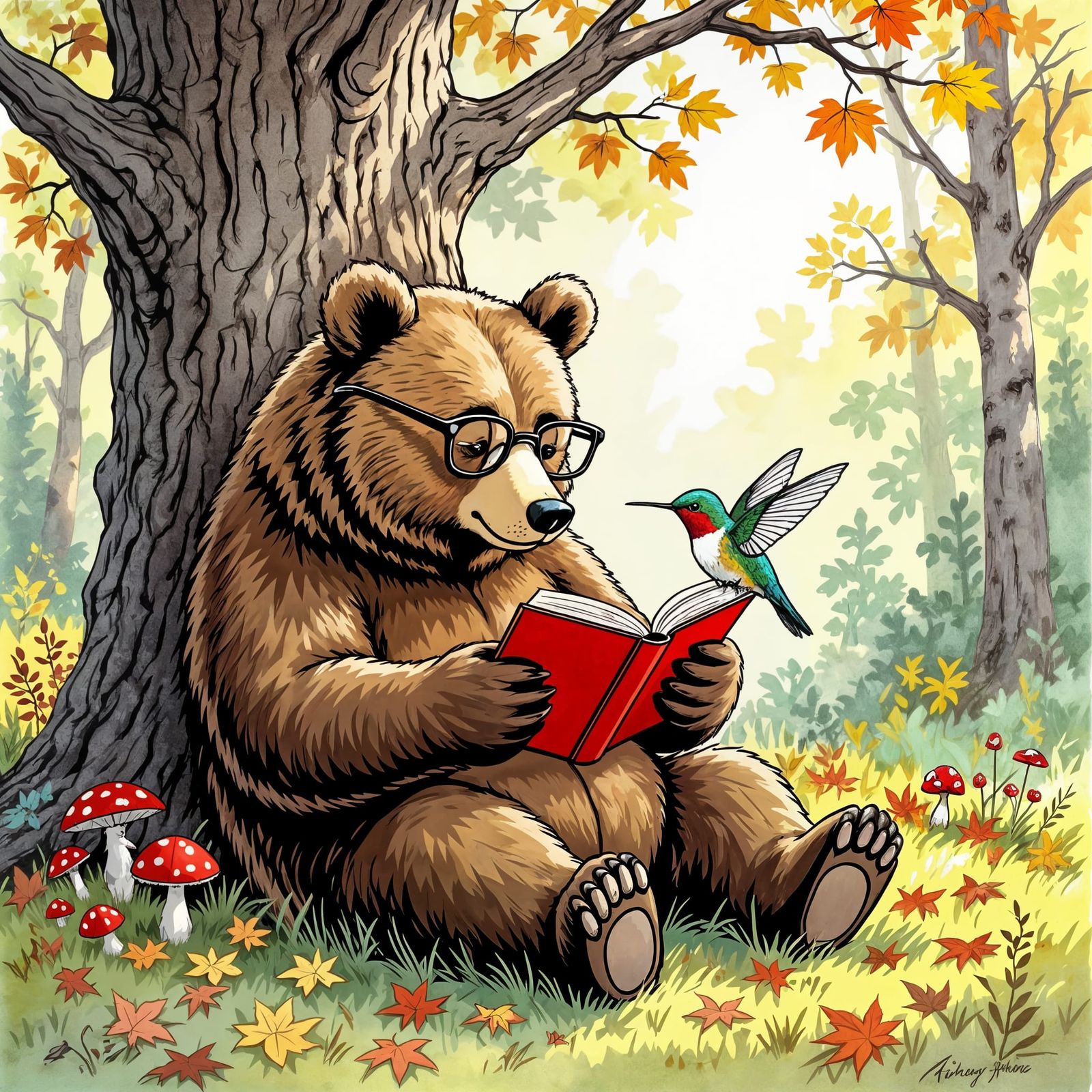 Bear and Hummingbird Reading, Sendak Illustration