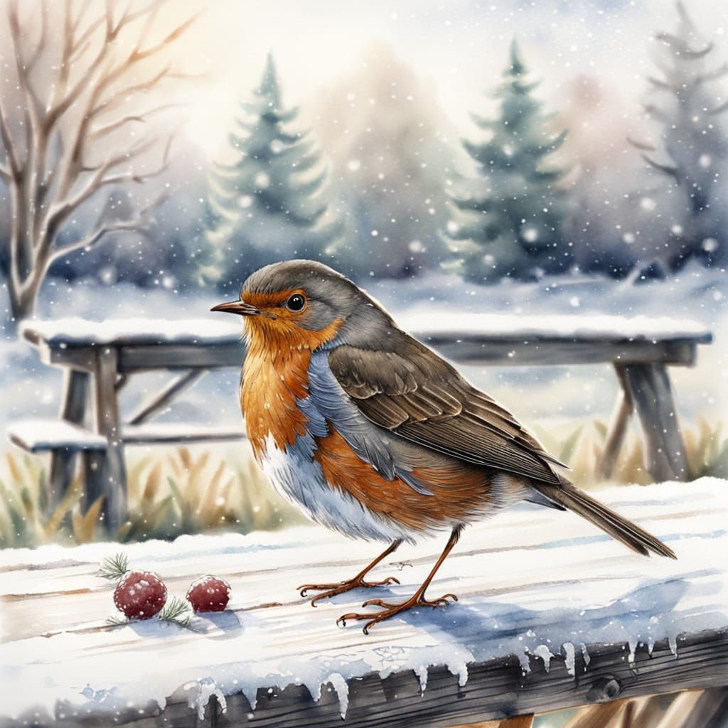 Robin in Winter Landscape: Pencil Sketch Watercolour