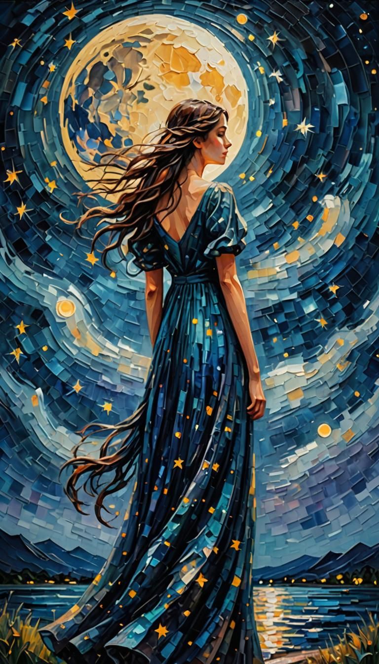 Melancholic Girl Gazing at Starry Night Sky