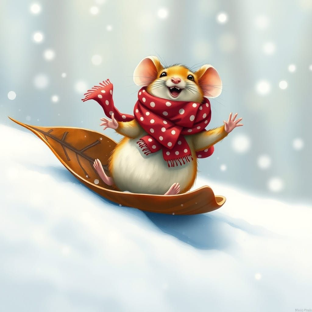 Whimsical Field Mouse Sleds Down Snowy Bank in Cozy Scarf