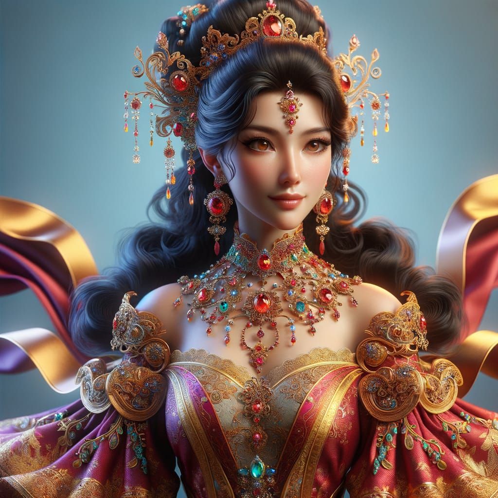 Regal Queen of Sikkim in Elaborate Fairy-Tale Costume