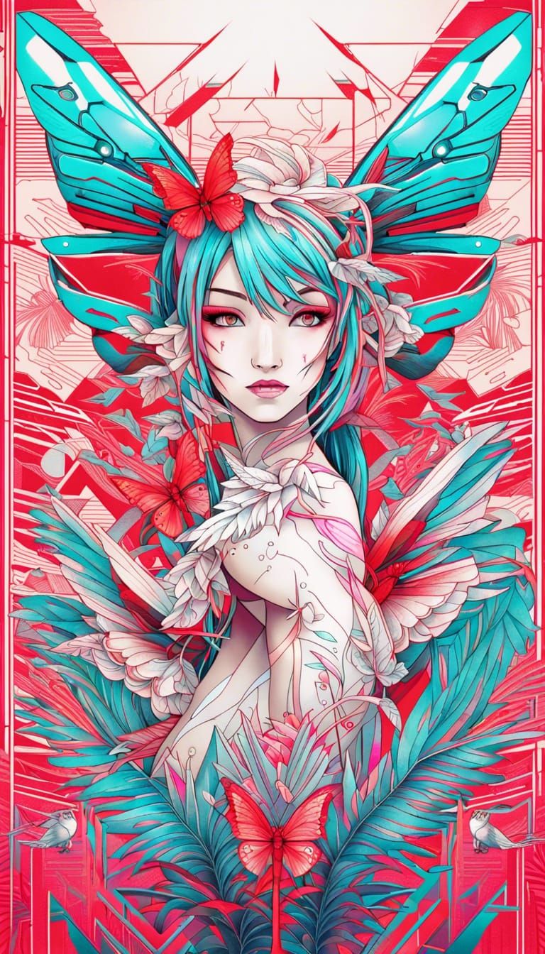 Hatsune Miku Tattoo Design with Synthwave Elements