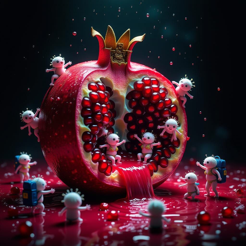 Whimsical Microbes Dance in a Rotting Pomegranate World