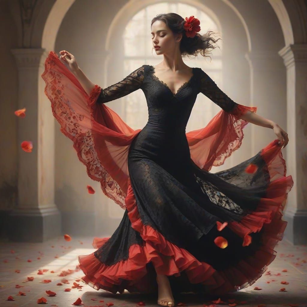 Flamenco Dancer in Red Dress, Vibrant Oil Painting