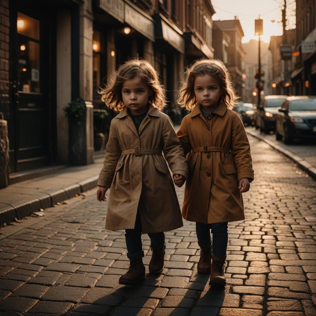 Golden Hour Twins Stroll Through a Bustling Street