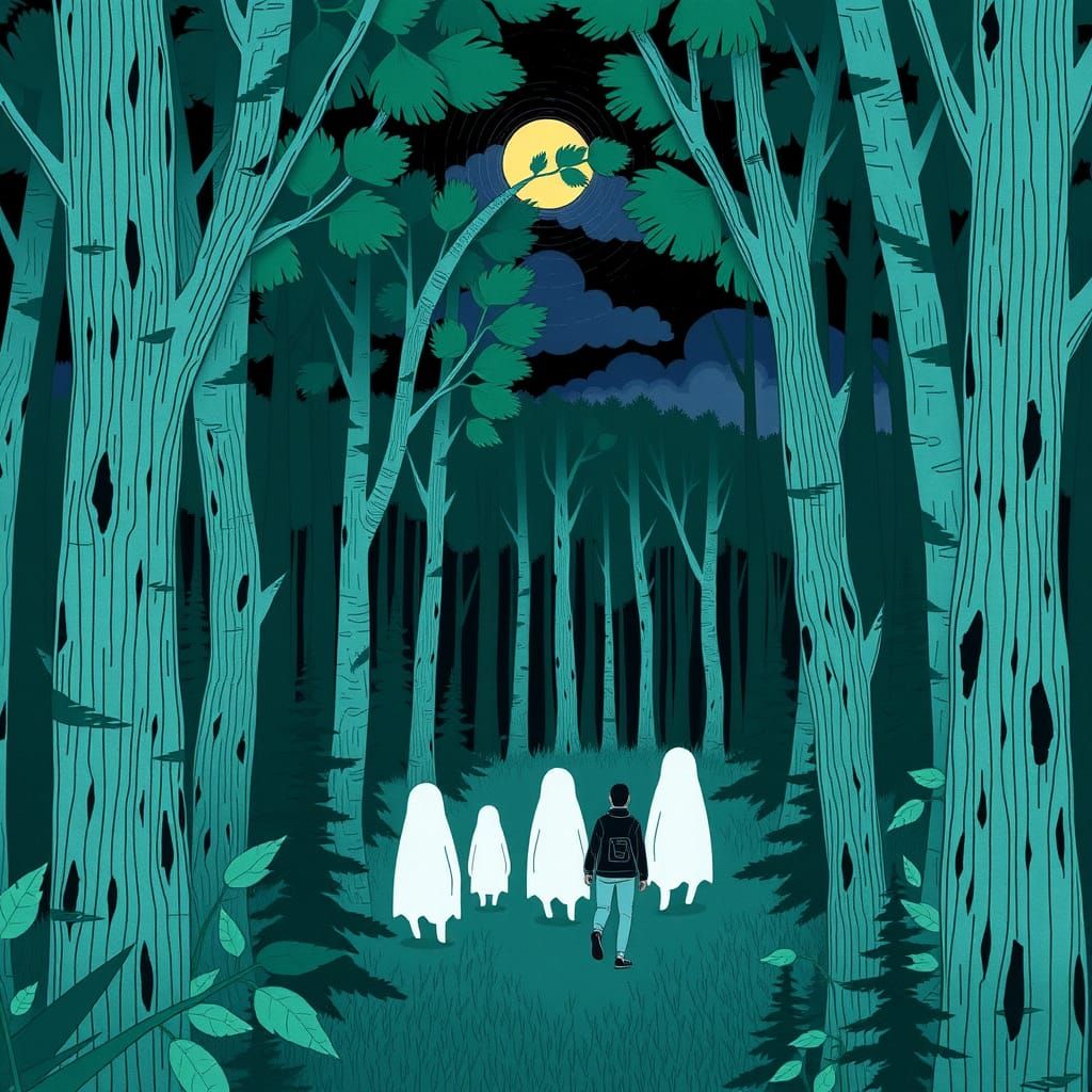 Ghosts in Forest: High Contrast Storybook Illustration