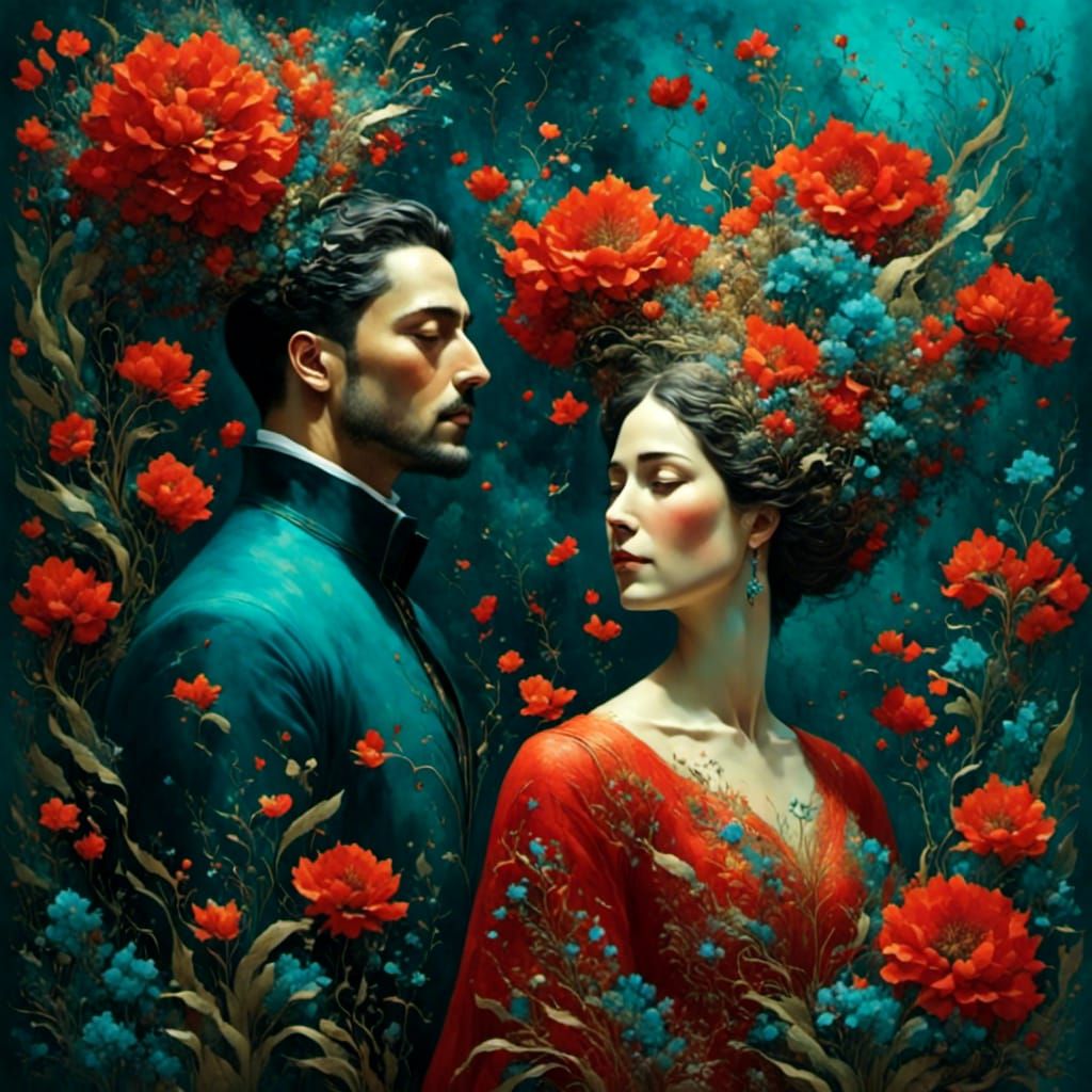 Vivid Garden Scene with Man and Woman