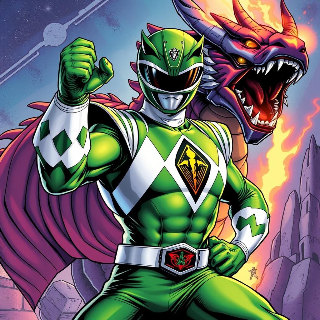 Green Power Ranger with Dragonzord in Comic Book Style