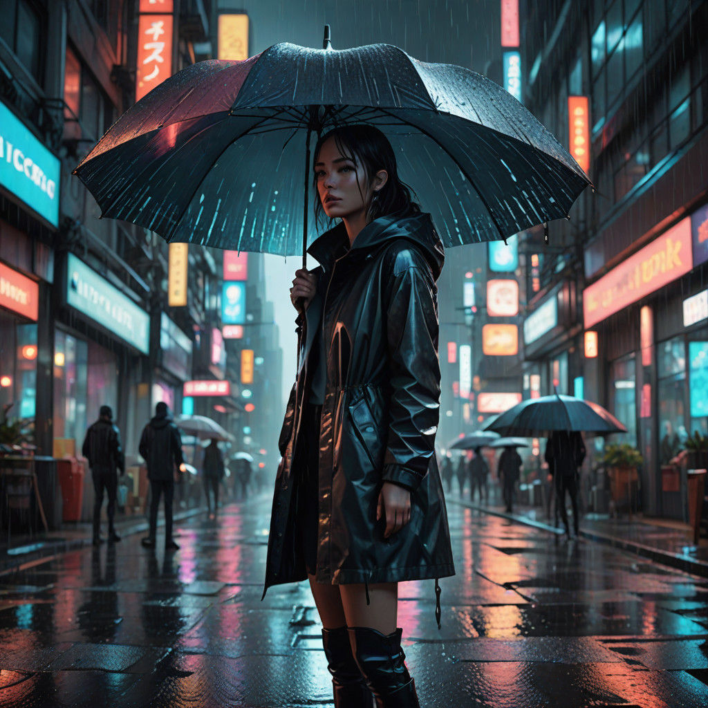 Girl in Rainy City Streets, Futuristic Illustration