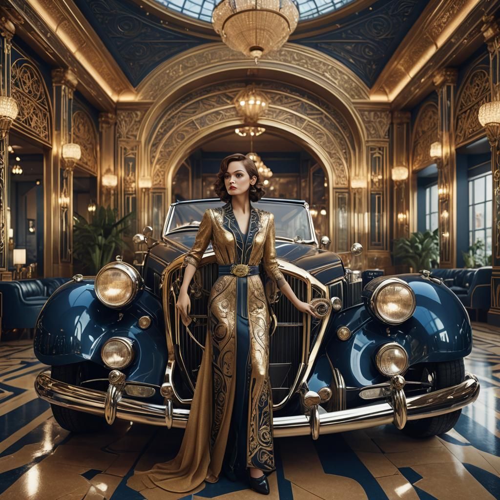 Woman Posing with Vintage Car in Art Deco Style