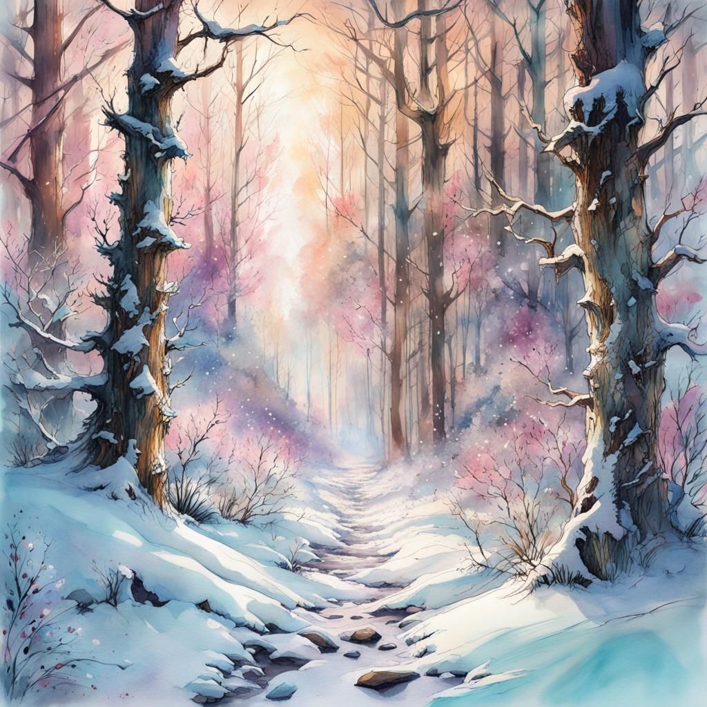 Footprints in Snowy Forest Winter Illustration