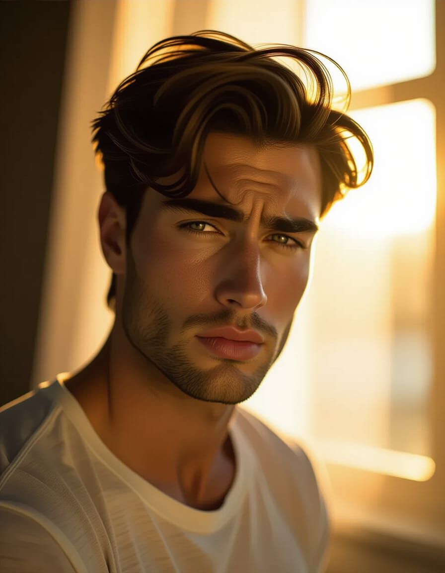 Photorealistic Portrait of Man's Emotional Turmoil in Golden...