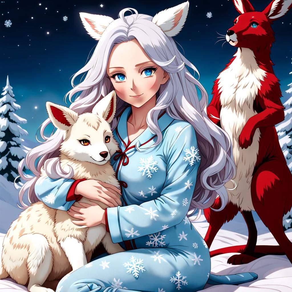 Anime Style Woman Cuddling Kangaroo Plushie