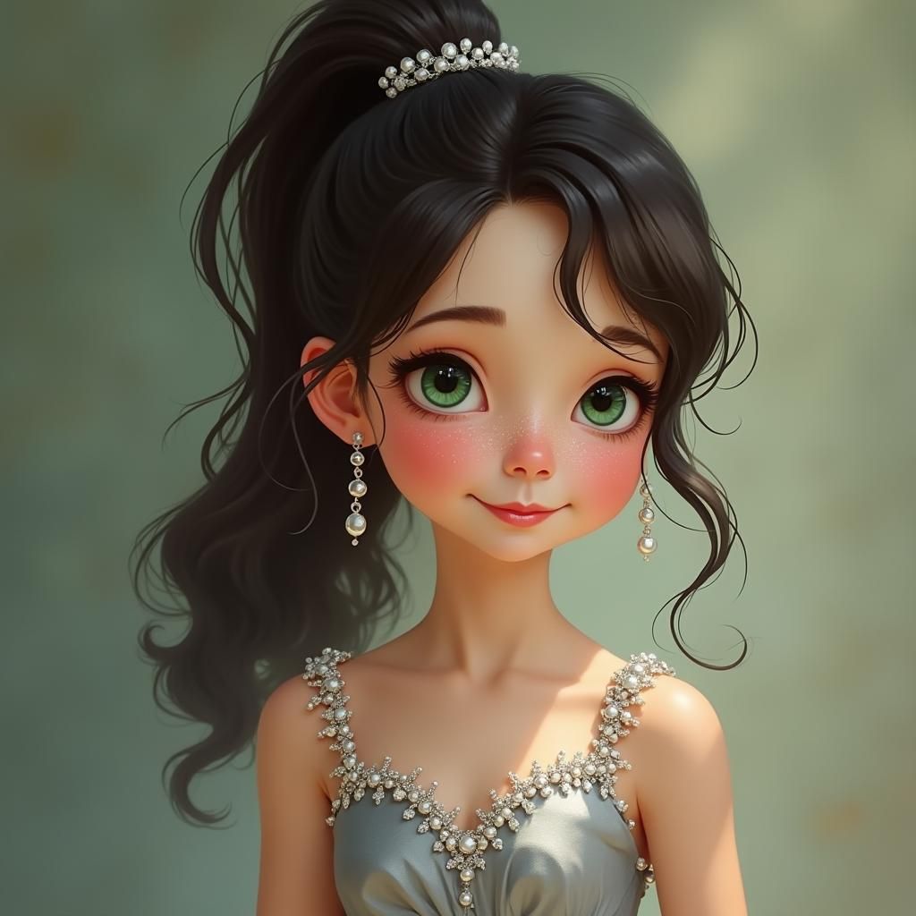 Brunette Girl with Freckles in Silver Dress