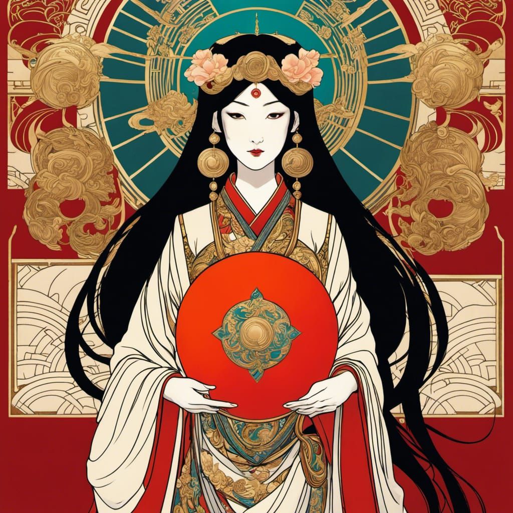 Amaterasu with Sacred Mirror in Art Nouveau Style