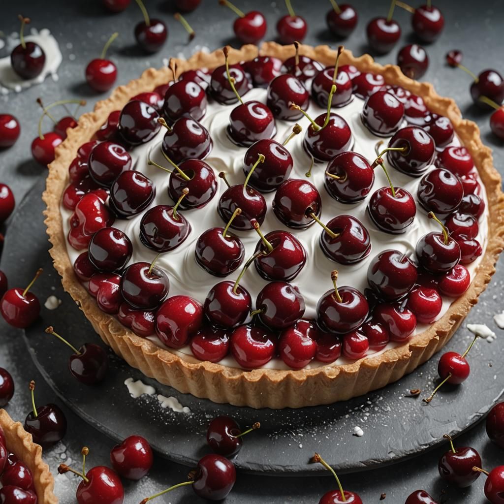 Hyperrealistic Cherry Tart with Whipped Cream