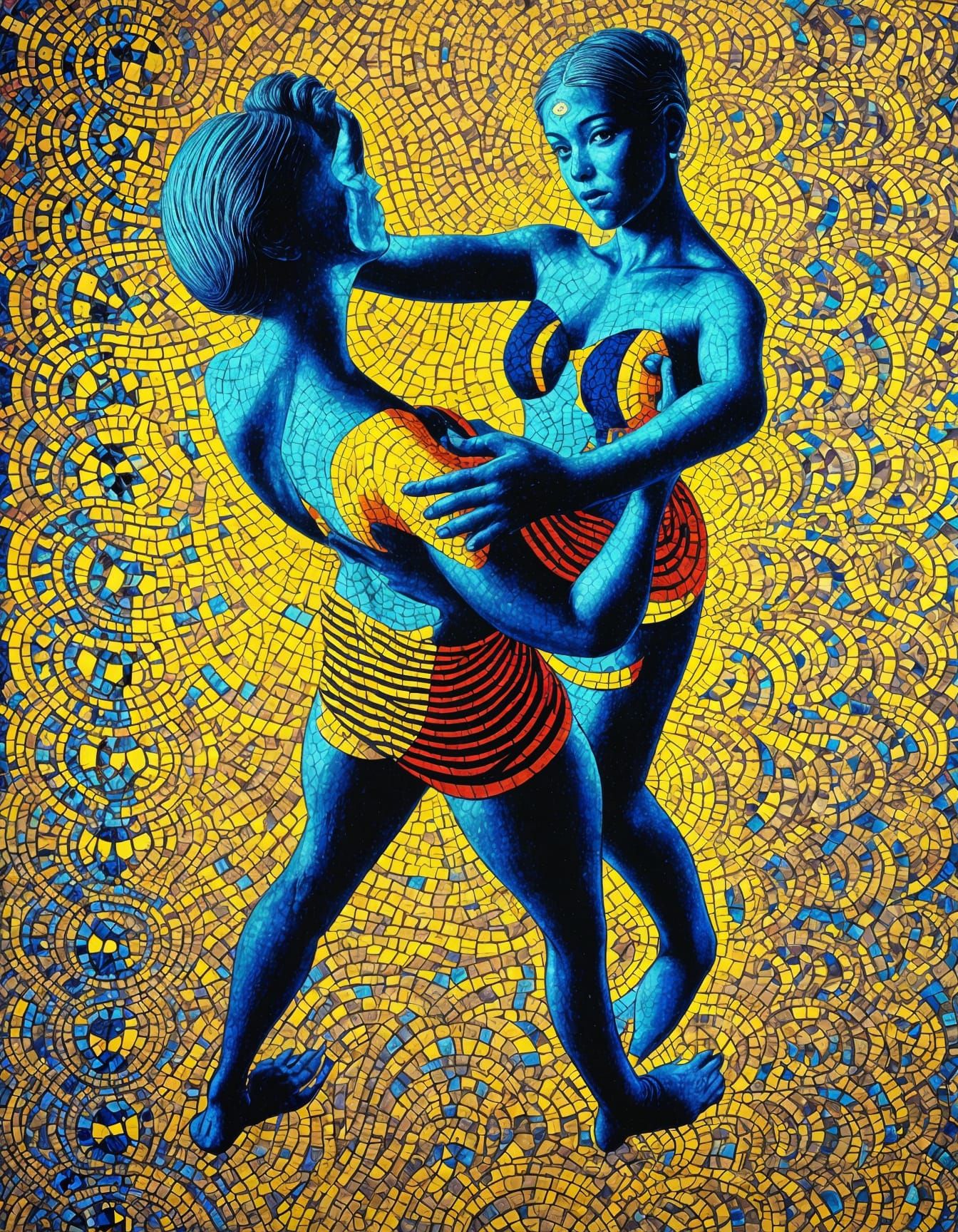 Japanese-Inspired Modern Art Portrait in Yellow and Blue