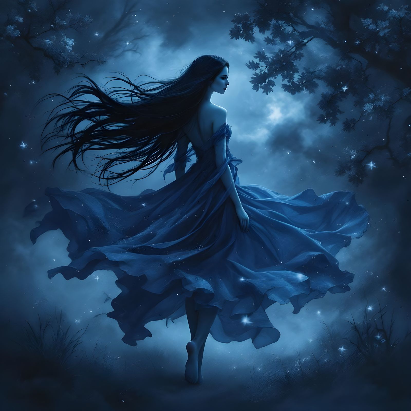Ethereal Norse Moon Goddess in Midnight Blue