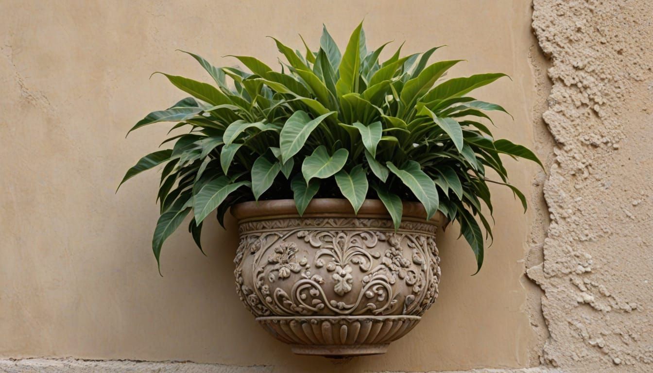 Vibrant Plant Thrives in Ornate Pot Against Stucco Wall