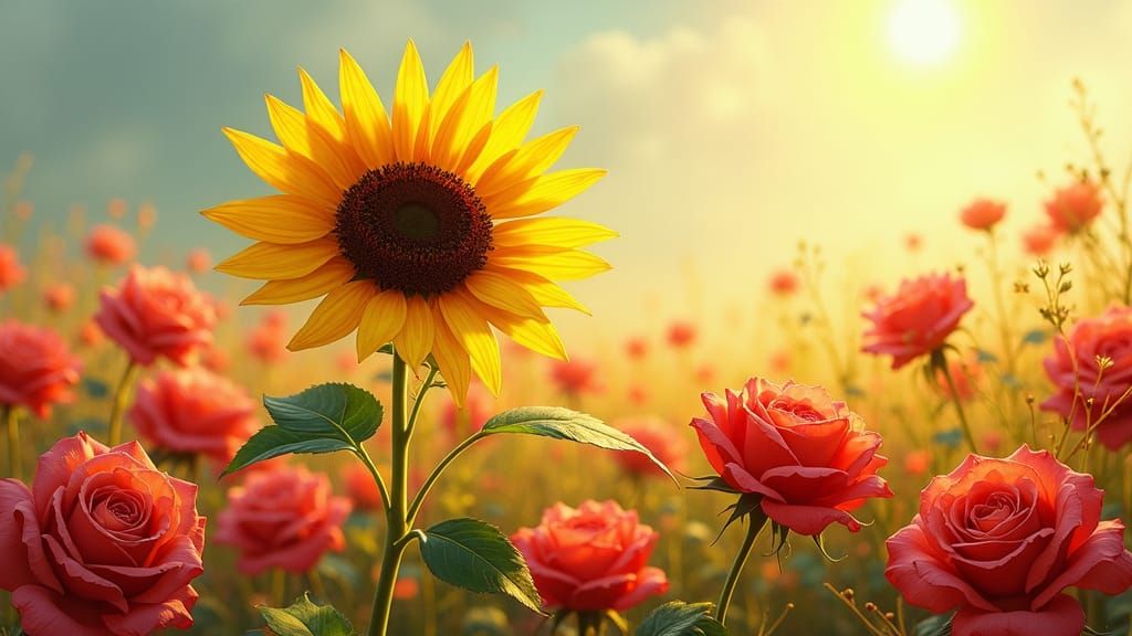 Sunflower Stands Tall in Rose Field: Impressionist Style