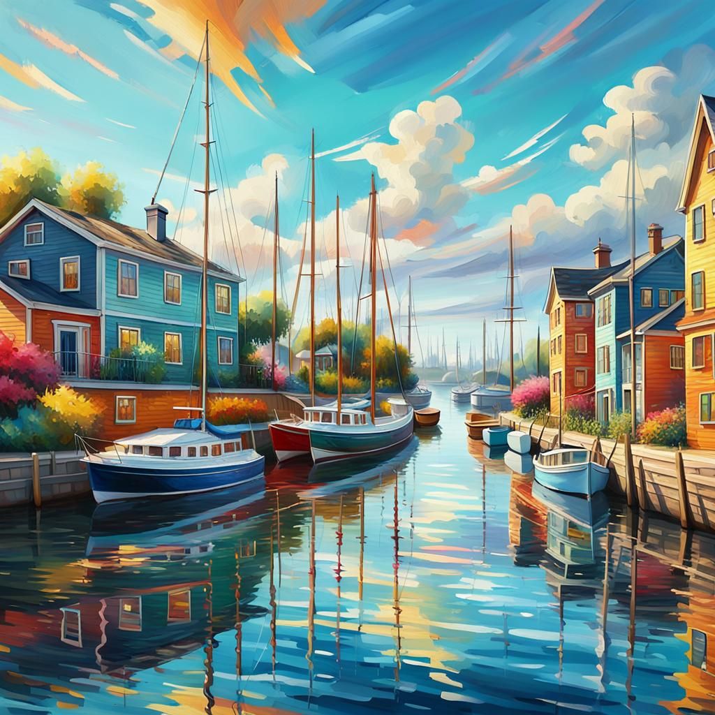 Passenger Boats in Harbor: Fantastical Oil Painting