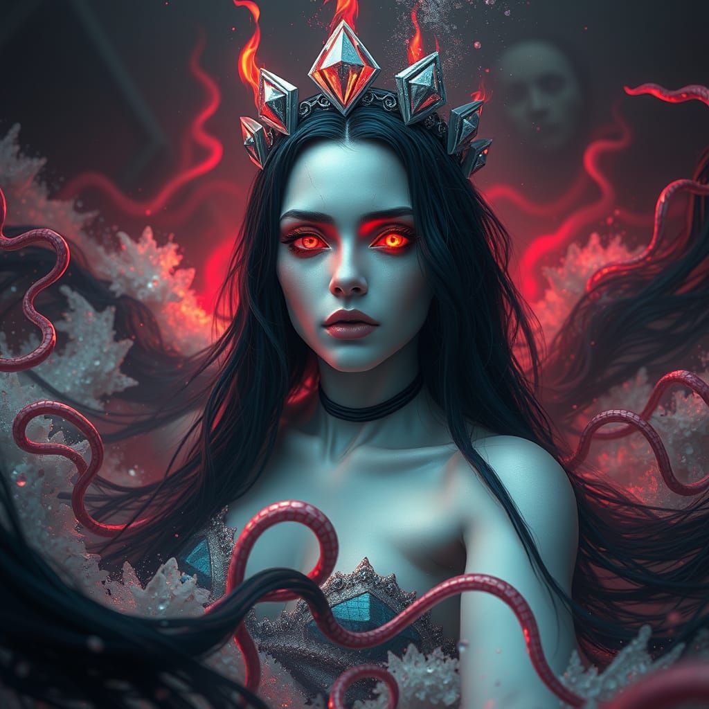 Cyberpunk Woman Diving in Stormy Red Ocean