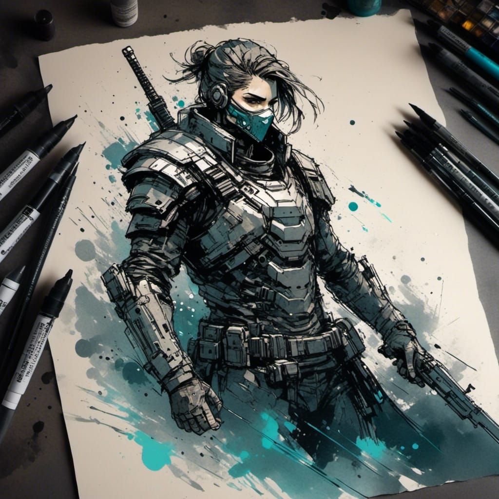 Cyberpunk Warrior in Ink Paint Sketch Style
