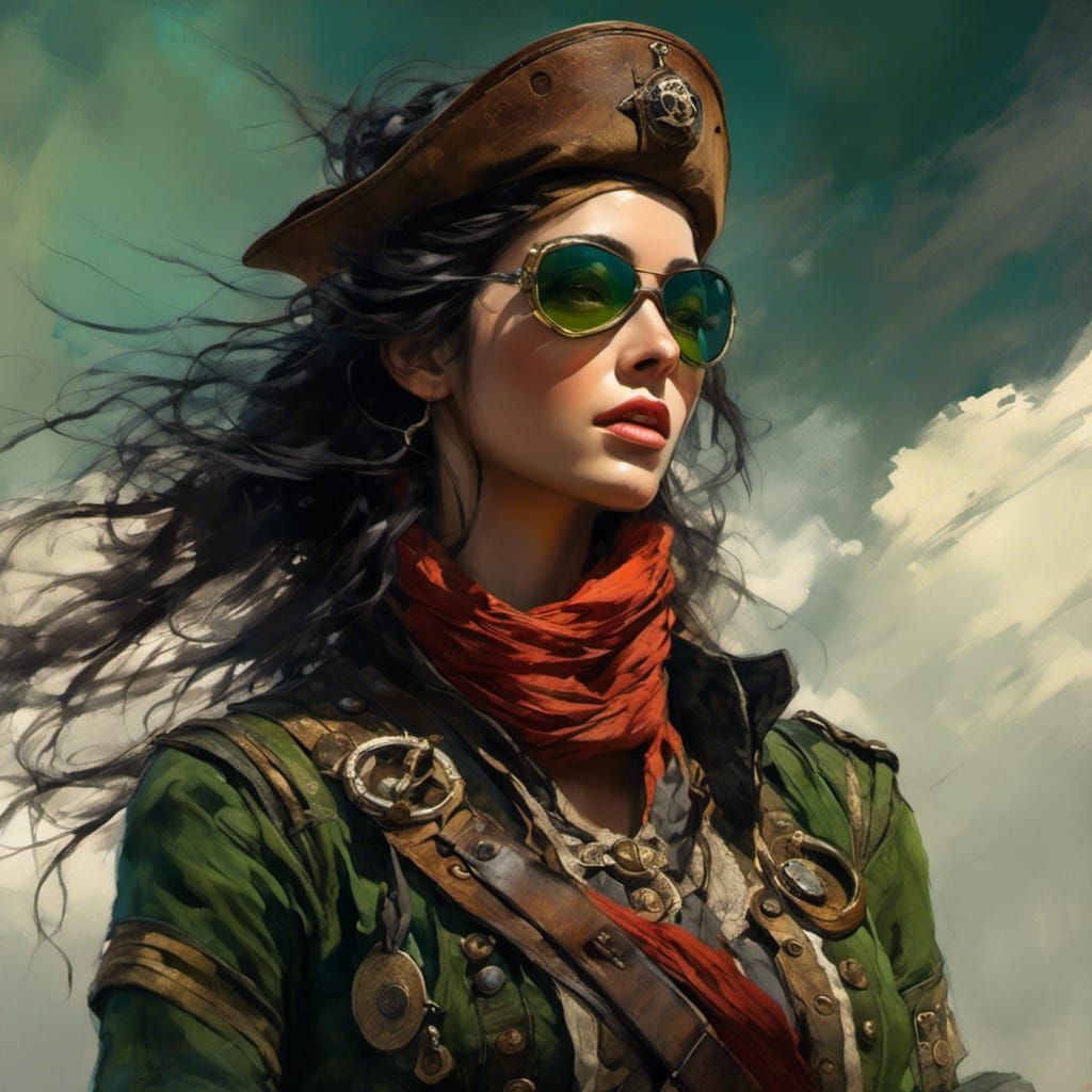 Fantasy Aviatrix Pirate in Detailed Matte Painting Style