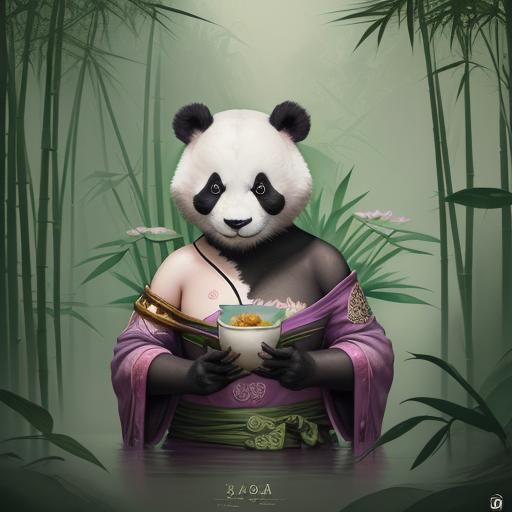 Watercolor Panda with Hearts and Lotus Flowers
