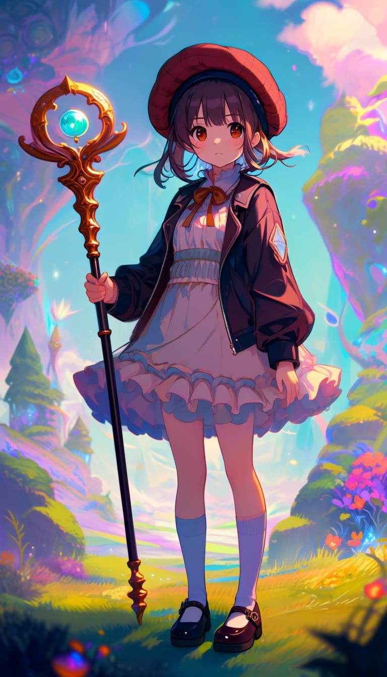 Anime Girl With Ornate Staff in Dreamlike Landscape