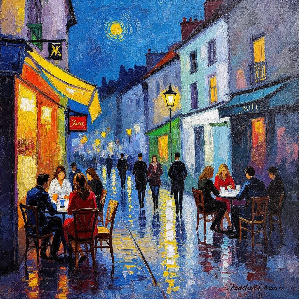 Neo-Impressionist Oil Painting of People Waiting