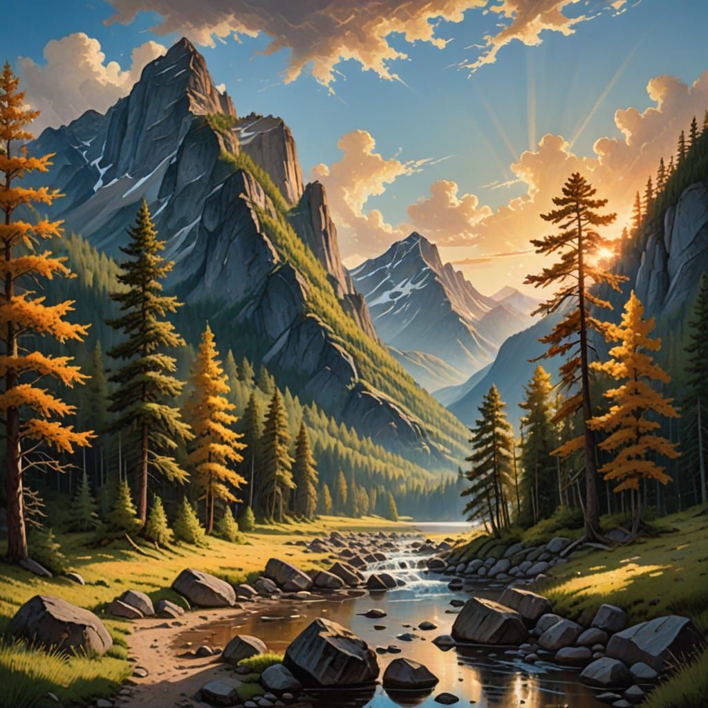 Majestic Mountain Landscape Painting in Warm Golden Light