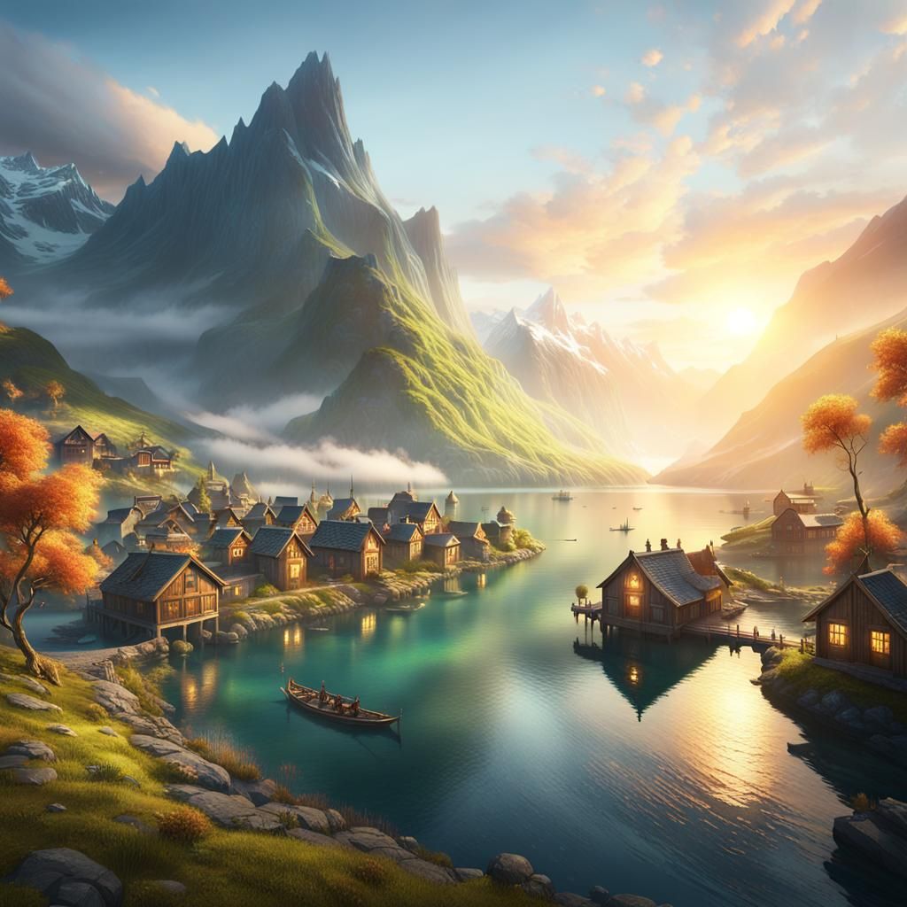 Fantasy Sunrise Over Fjord Village: Concept Art