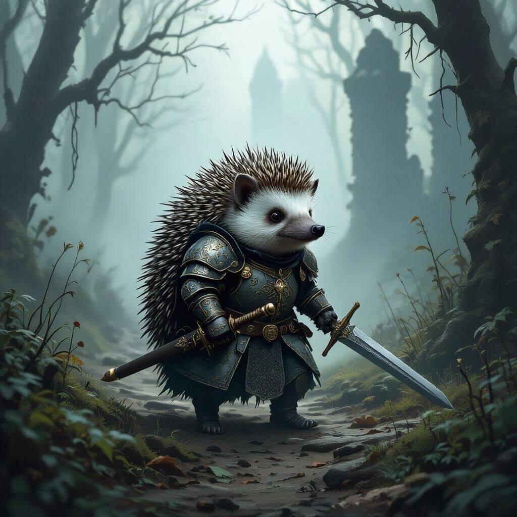 Hedgehog Knight in Foggy Forest, Gothic Armor