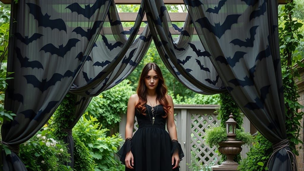 Mysterious Woman in Gothic Bat-Print Garden