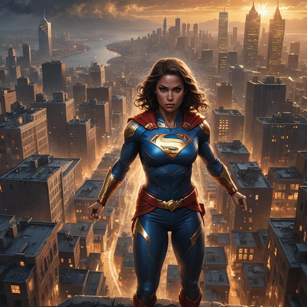 Heroic Superwoman in Cityscape at Dusk