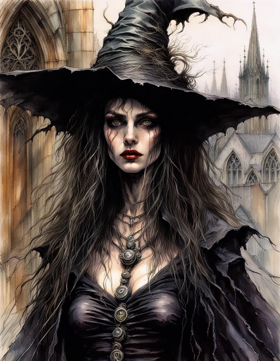Gothic Witch in Cathedral, Macabre Psychedelic Art